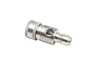 Stainless Top Mount Pressure Gauge Fitting with 1/4" Port & 3/8" QCs Stainless Top Mount Pressure Gauge Fitting with 1/4" Port & 3/8" QCs