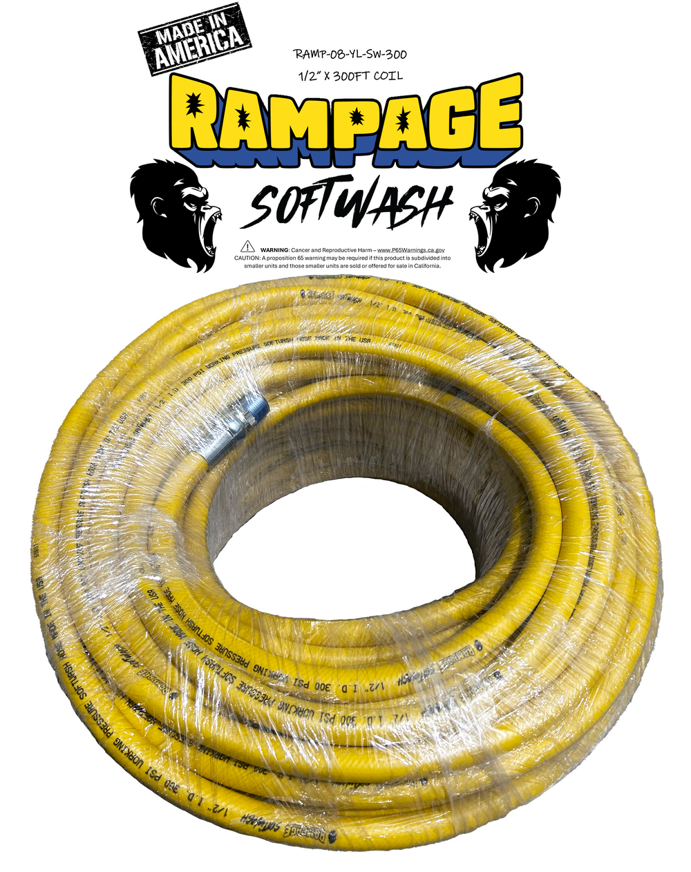 Rampage 1/2" Yellow 300' softwash hose with crimped ends