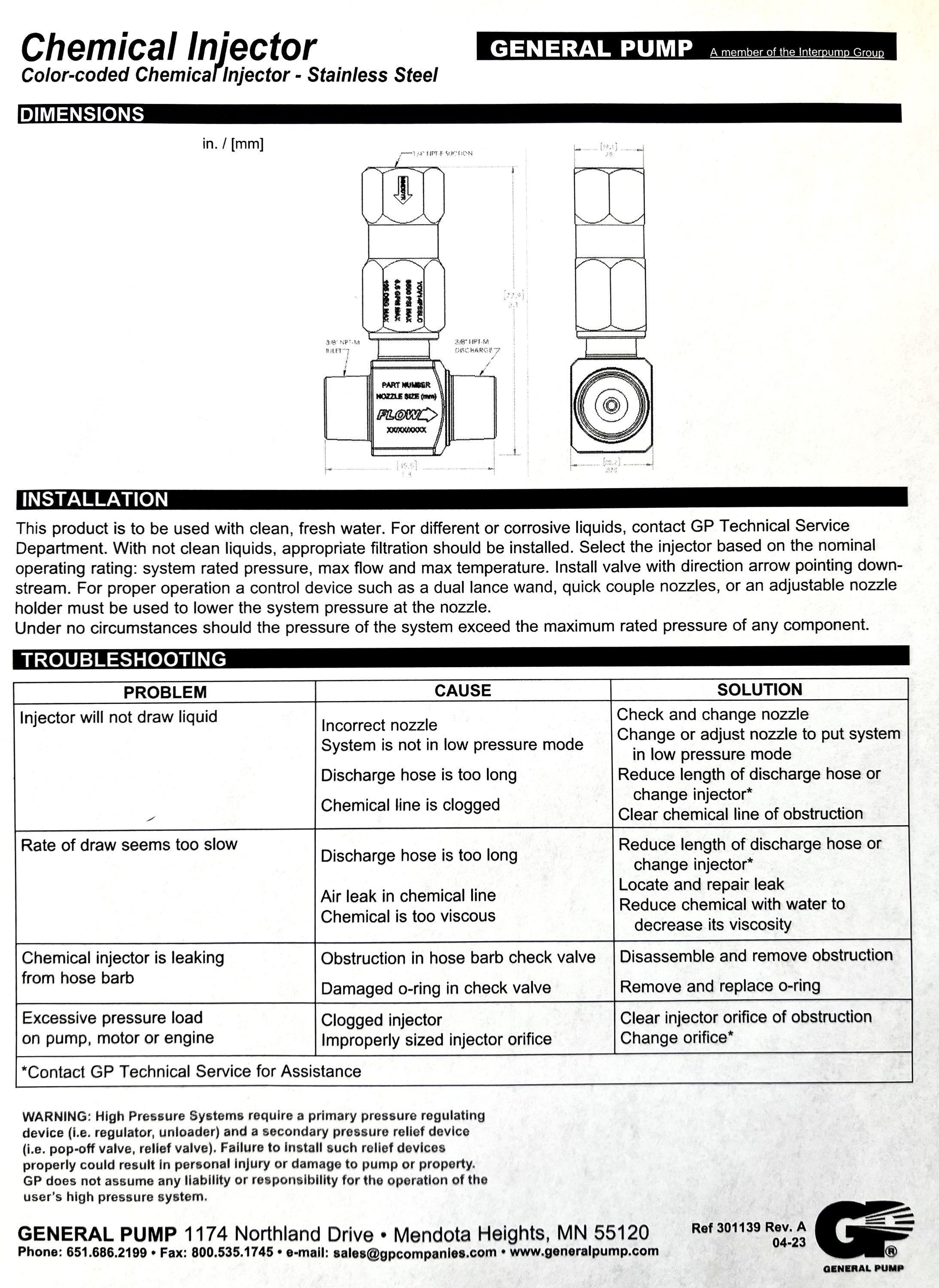 5-8GPM General Pump Forged Stainless Steel Injector with Check Valve