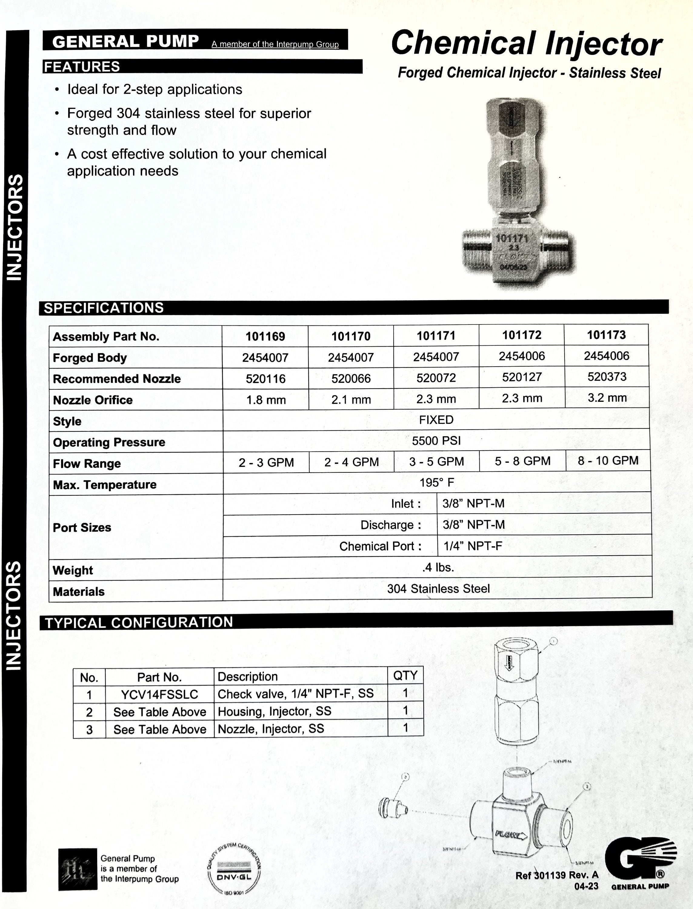 5-8GPM General Pump Forged Stainless Steel Injector with Check Valve