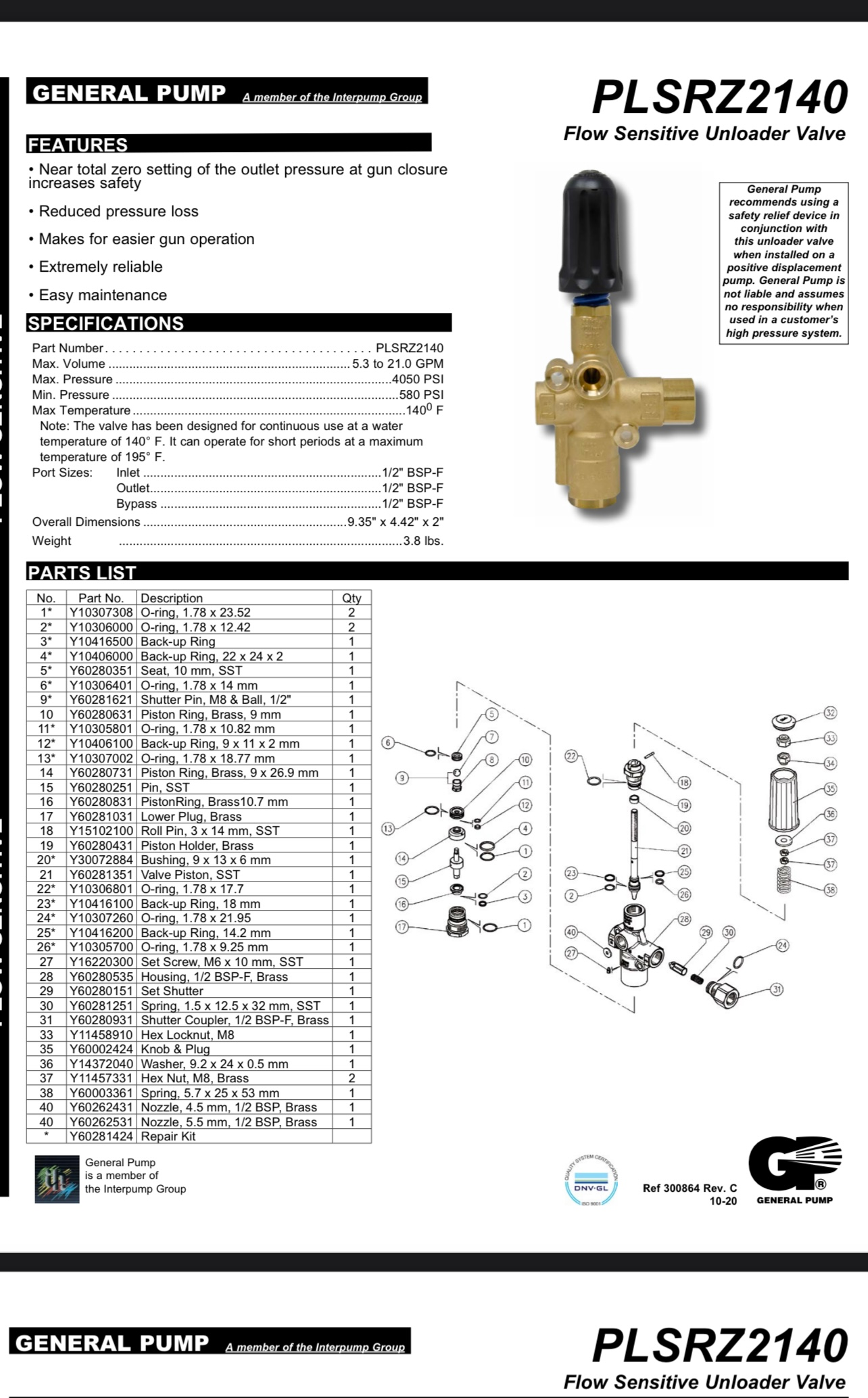 Pulsar PLSRZ2140 1/2in Flow Sensitive Unloader General Pump